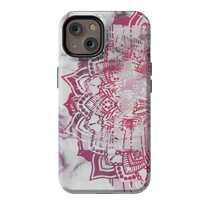 iPhone 14 StrongFit Red pink mandala digital painting on white marble by Oana 