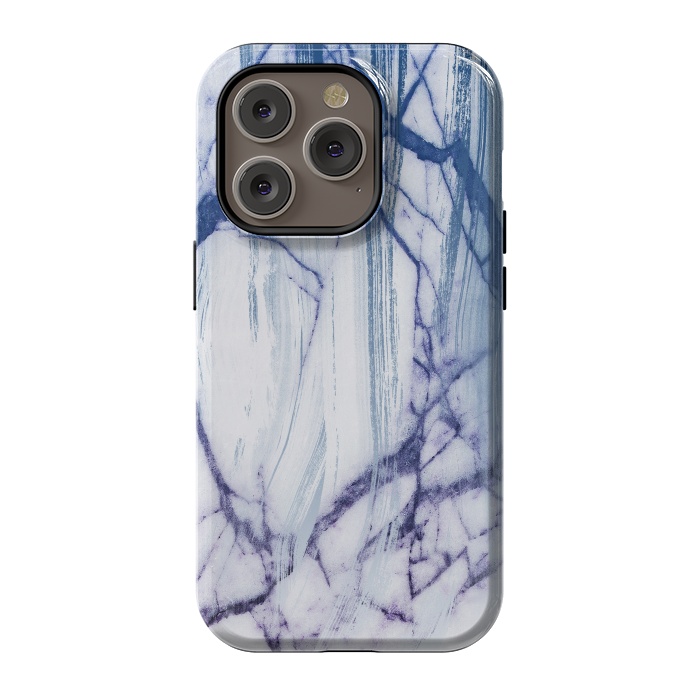 iPhone 14 Pro StrongFit White marble with blue cracks brushstrokes by Oana 