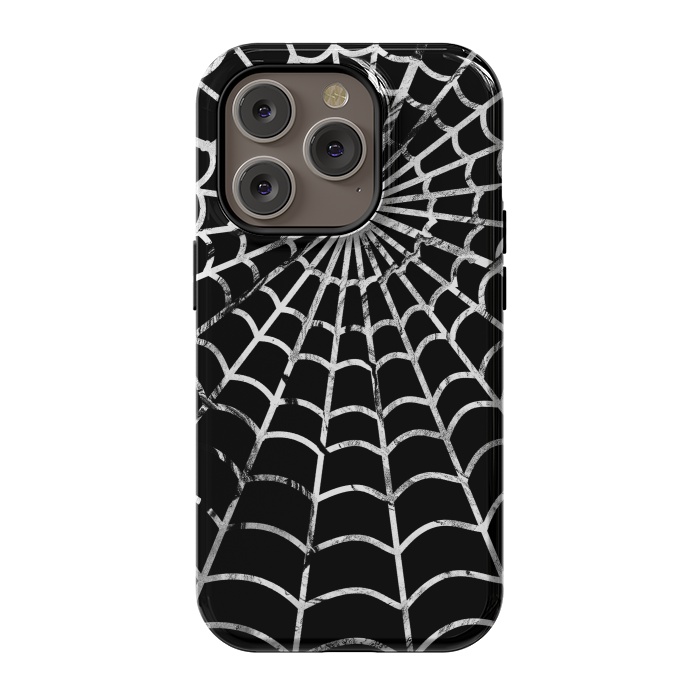 iPhone 14 Pro StrongFit Black and white textured brushed spider web - Halloween by Oana 
