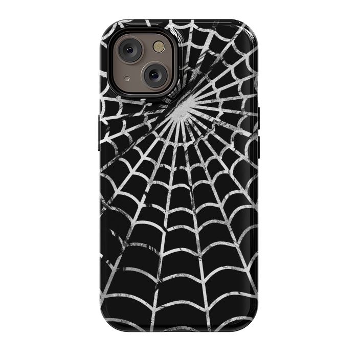 iPhone 14 StrongFit Black and white textured brushed spider web - Halloween by Oana 