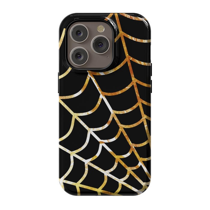 iPhone 14 Pro StrongFit Golden spider web on black - line art Halloween illustration by Oana 