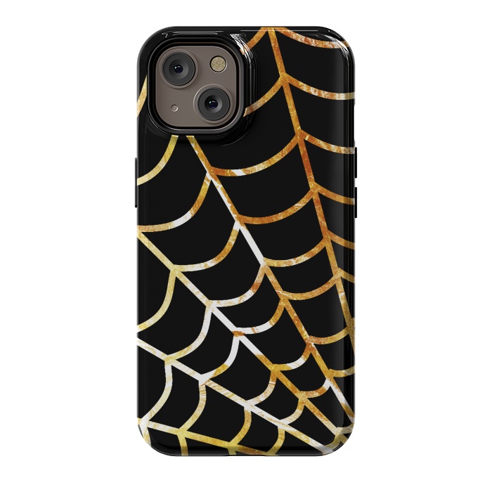 iPhone 14 StrongFit Golden spider web on black - line art Halloween illustration by Oana 