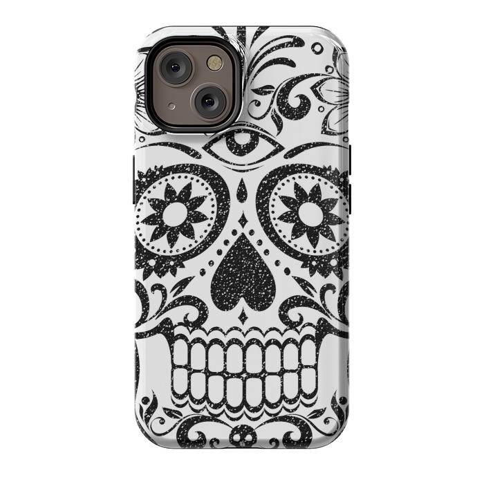 iPhone 14 StrongFit Black glitter decorated floral sugar skull - Halloween by Oana 