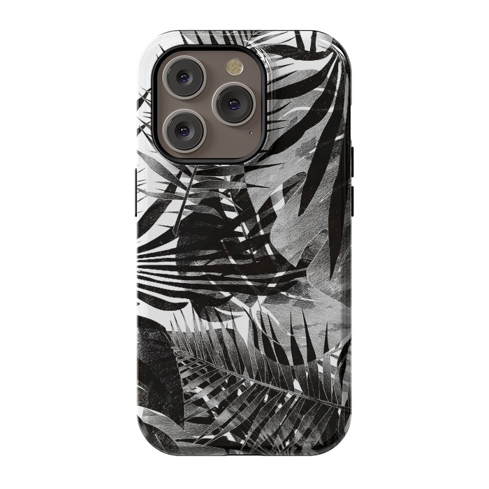 iPhone 14 Pro StrongFit Black ink tropical palm and ficus leaves monochrome jungle by Oana 