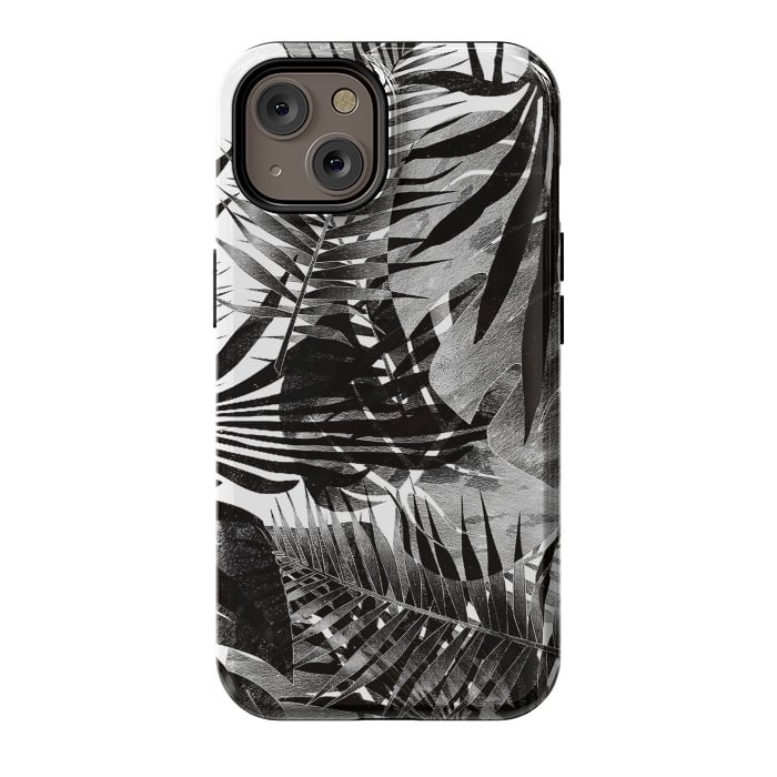 iPhone 14 StrongFit Black ink tropical palm and ficus leaves monochrome jungle by Oana 