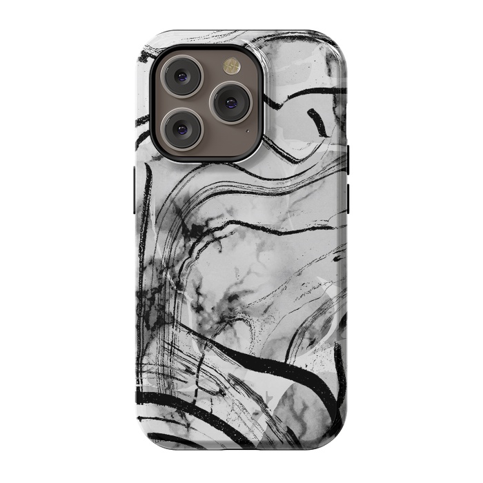iPhone 14 Pro StrongFit Minimal white gray marble with black ink brushstroke stripes by Oana 