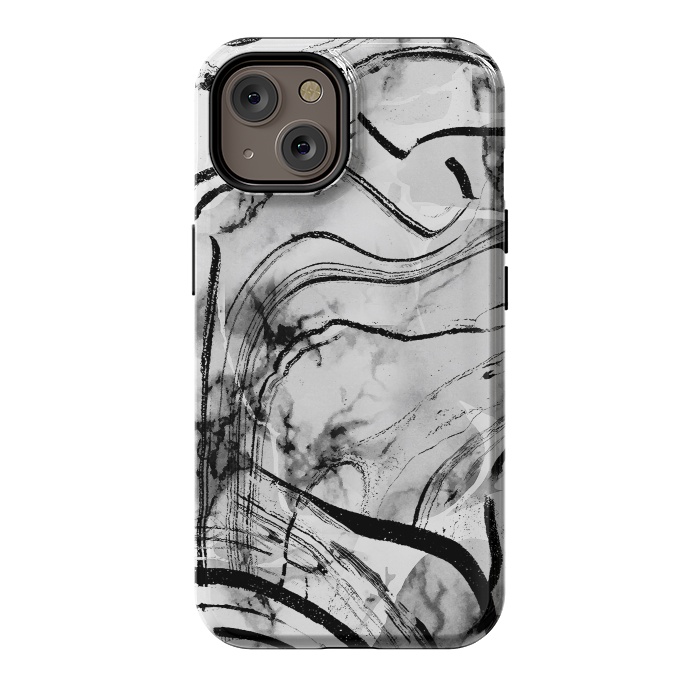 iPhone 14 StrongFit Minimal white gray marble with black ink brushstroke stripes by Oana 
