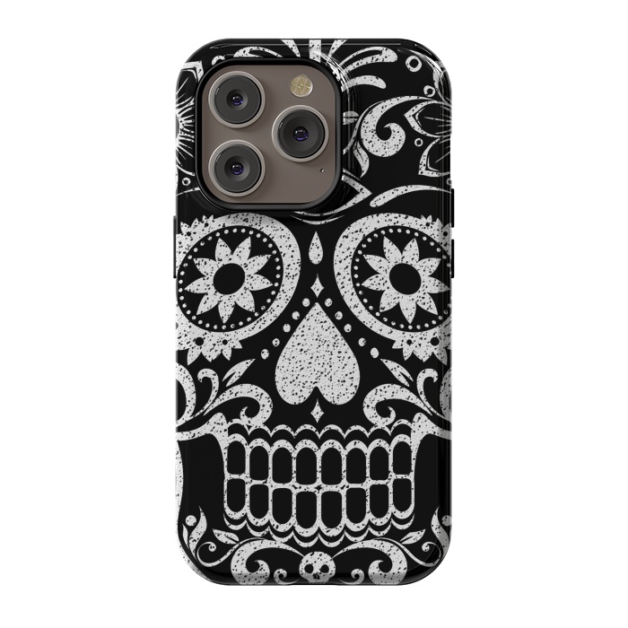 iPhone 14 Pro StrongFit White glitter day of the dead sugar skull - Halloween by Oana 