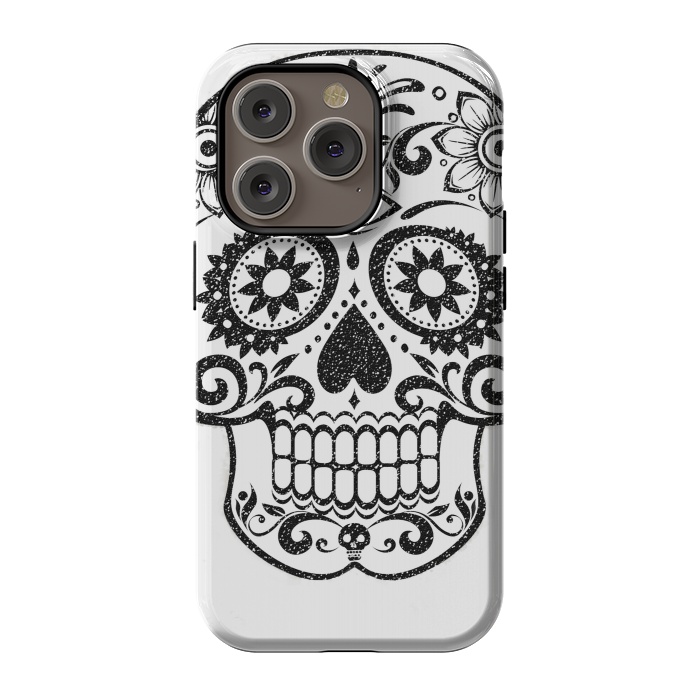 iPhone 14 Pro StrongFit Day of the Dead floral black glitter sugar skull by Oana 