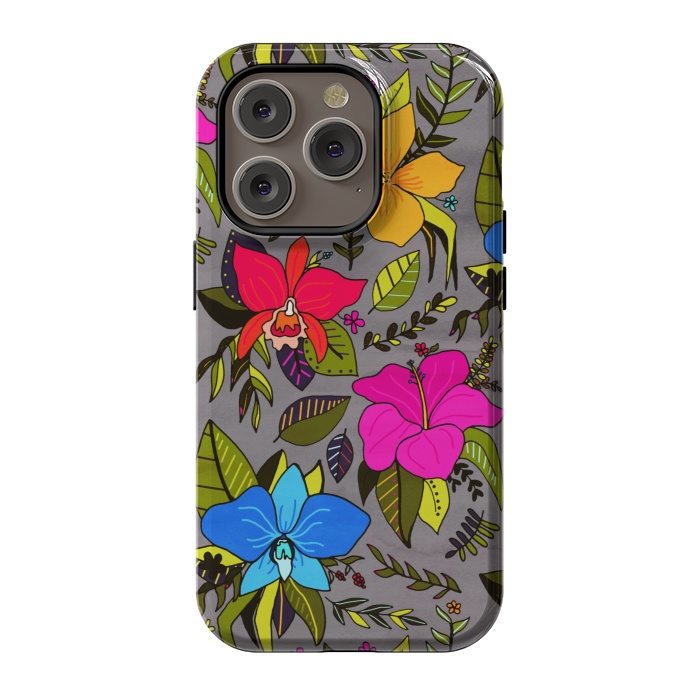 iPhone 14 Pro StrongFit Tropical Floral On Grey  by Tigatiga