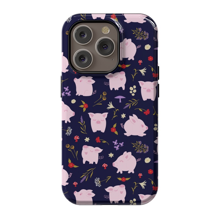 iPhone 14 Pro StrongFit Cute Pigs Dancing Around Floral Motif by Portia Monberg