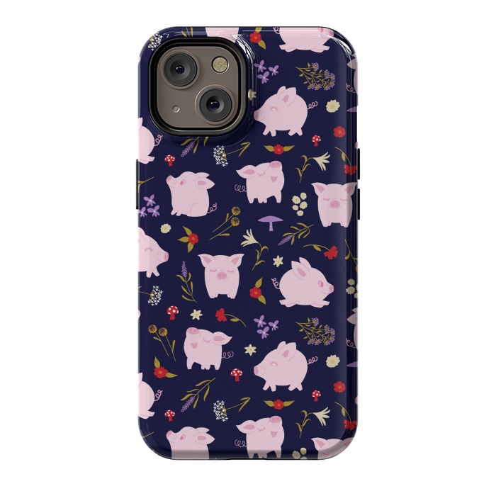 iPhone 14 StrongFit Cute Pigs Dancing Around Floral Motif by Portia Monberg