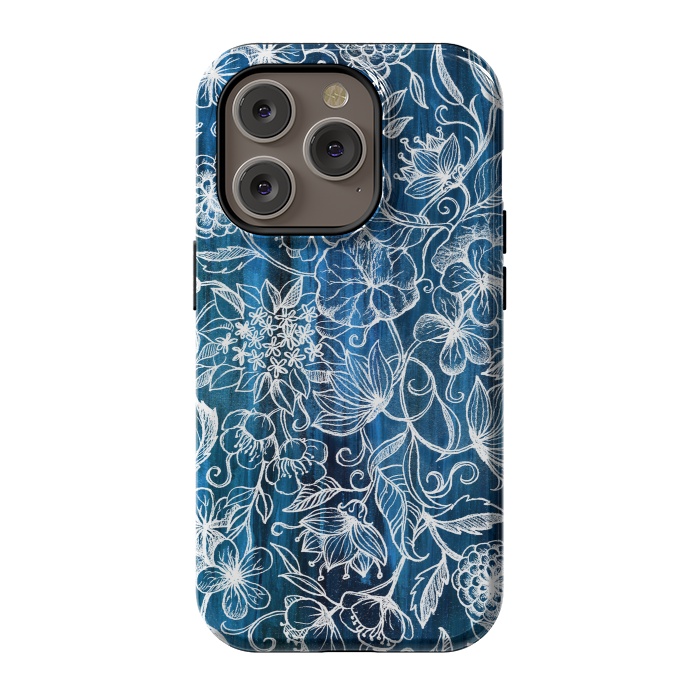 iPhone 14 Pro StrongFit In Her Garden - white floral drawing on blue by Micklyn Le Feuvre