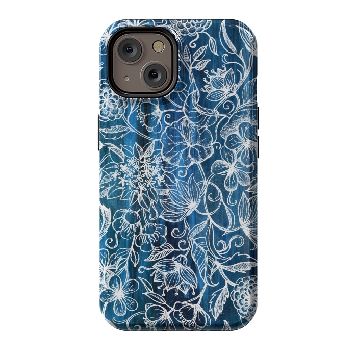 iPhone 14 StrongFit In Her Garden - white floral drawing on blue by Micklyn Le Feuvre