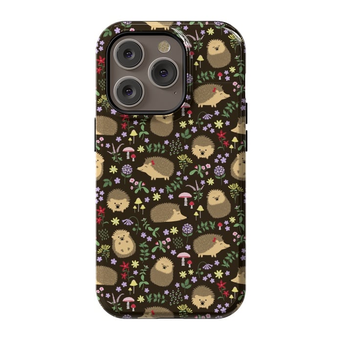 iPhone 14 Pro StrongFit Hedgehogs amid woodland plants and flowers by Portia Monberg