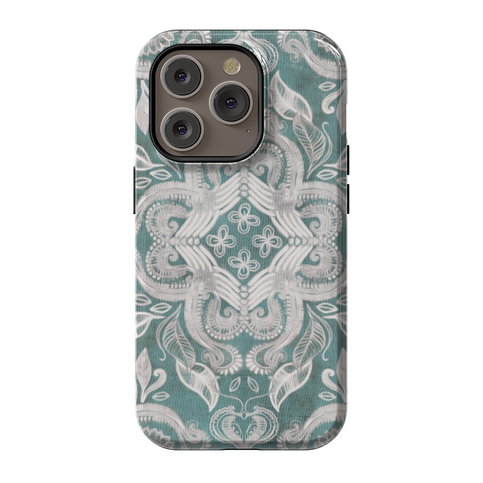 iPhone 14 Pro StrongFit Dirty Denim Boho Pattern in Teal and Grey by Micklyn Le Feuvre