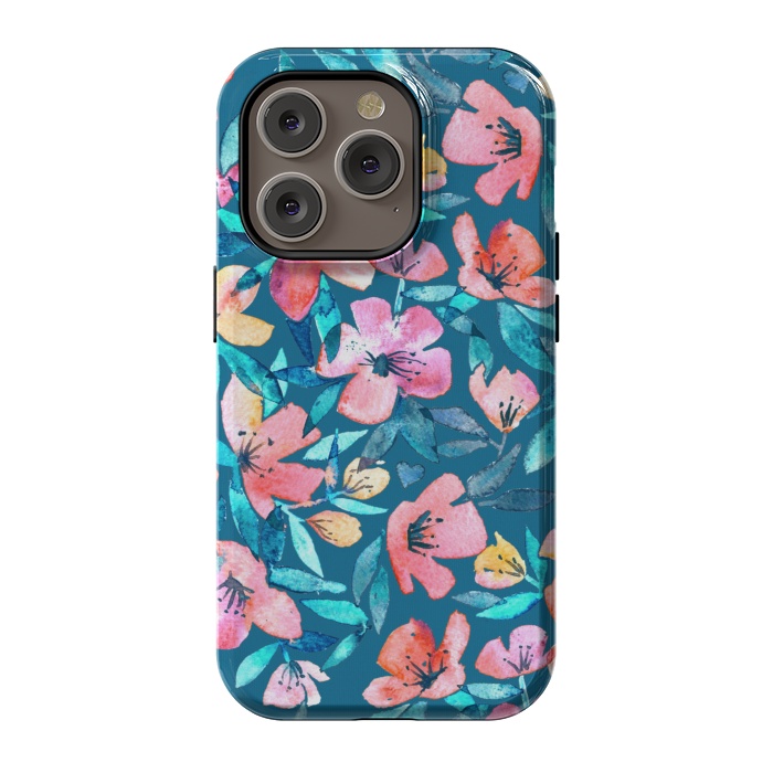 iPhone 14 Pro StrongFit Fresh Watercolor Floral on Teal Blue by Micklyn Le Feuvre
