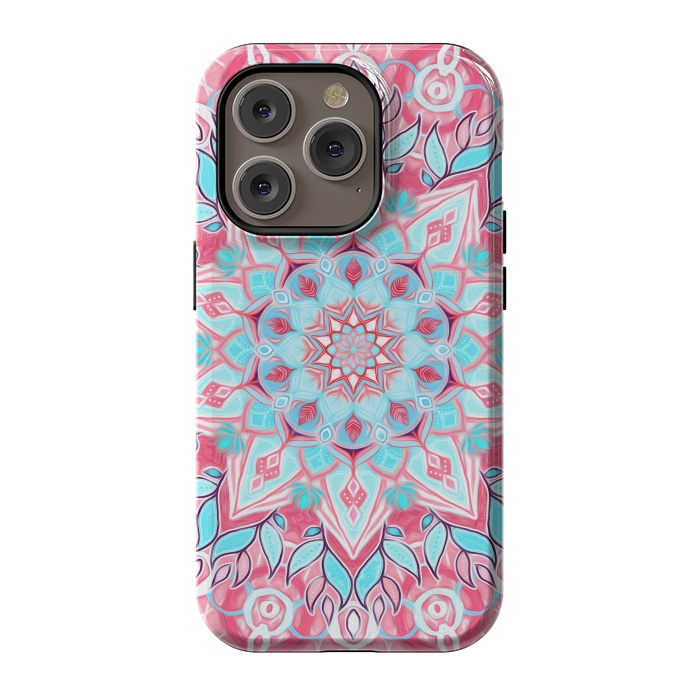 iPhone 14 Pro StrongFit Bright Boho Aqua and Pink Mandala by Micklyn Le Feuvre