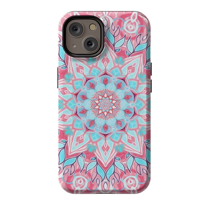 iPhone 14 StrongFit Bright Boho Aqua and Pink Mandala by Micklyn Le Feuvre