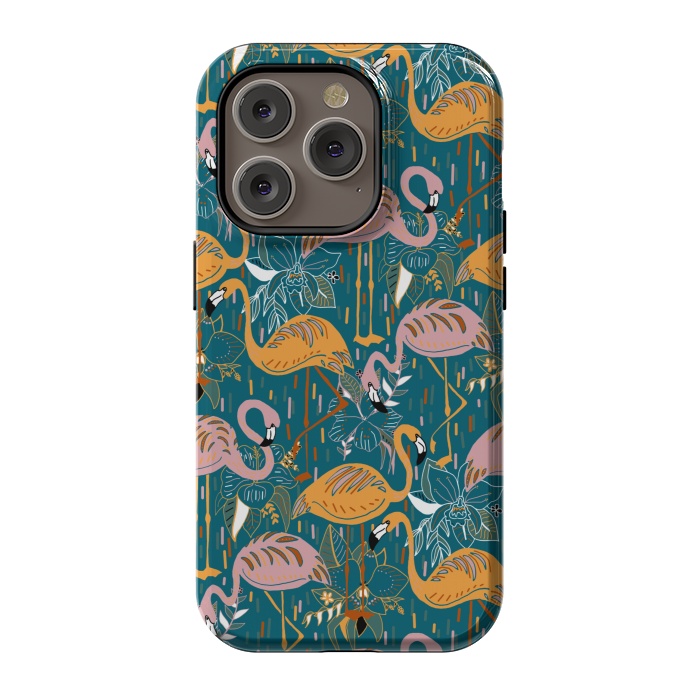 iPhone 14 Pro StrongFit Flamingos On Blue  by Tigatiga