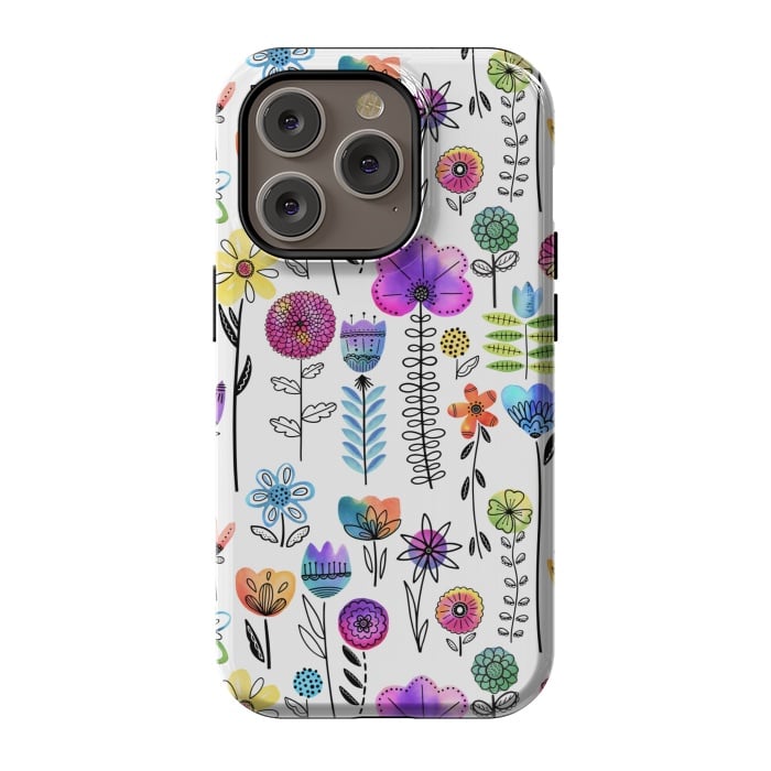 iPhone 14 Pro StrongFit Bright Watercolor and Line Art Flowers by Noonday Design