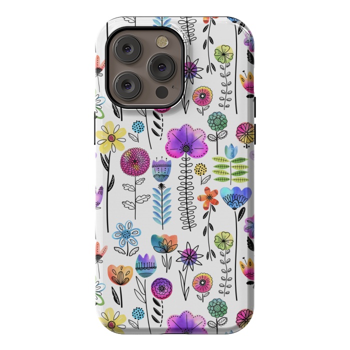 iPhone 14 Pro max StrongFit Bright Watercolor and Line Art Flowers by Noonday Design