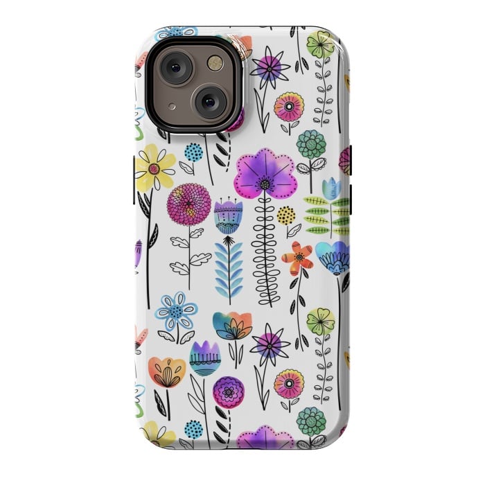 iPhone 14 StrongFit Bright Watercolor and Line Art Flowers by Noonday Design