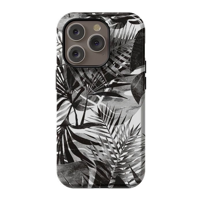 iPhone 14 Pro StrongFit Black transparent tropical leaves - ficus and palm by Oana 