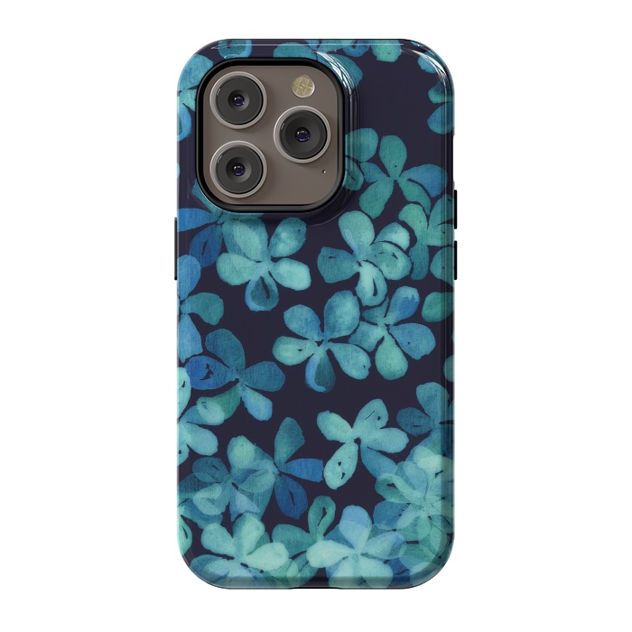iPhone 14 Pro StrongFit Hand Painted Floral Pattern in Teal & Navy Blue by Micklyn Le Feuvre