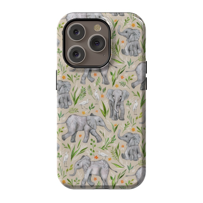 iPhone 14 Pro StrongFit Little Watercolor Elephants and Egrets on Neutral Cream by Micklyn Le Feuvre