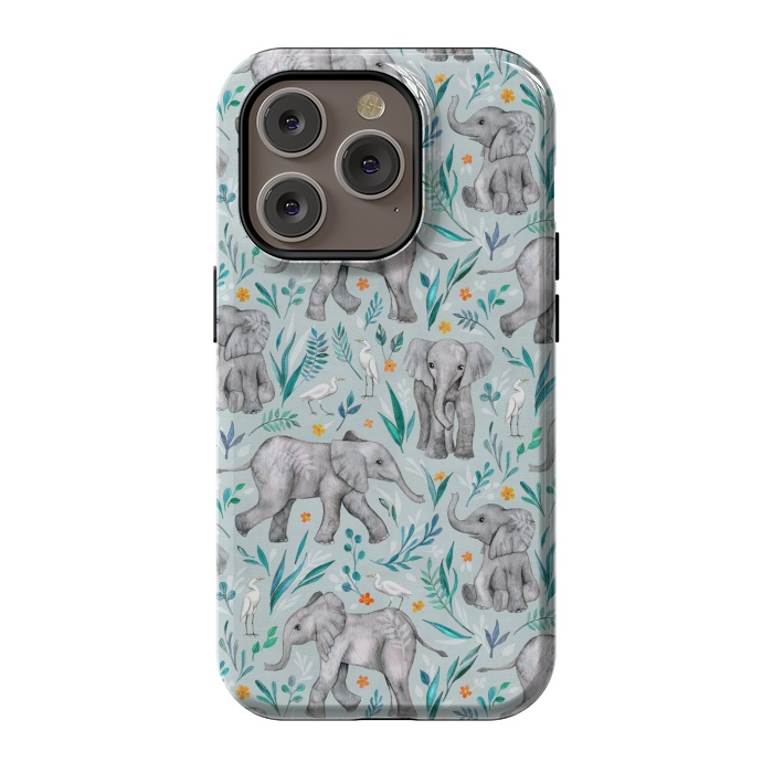 iPhone 14 Pro StrongFit Little Watercolor Elephants and Egrets on Light Blue by Micklyn Le Feuvre