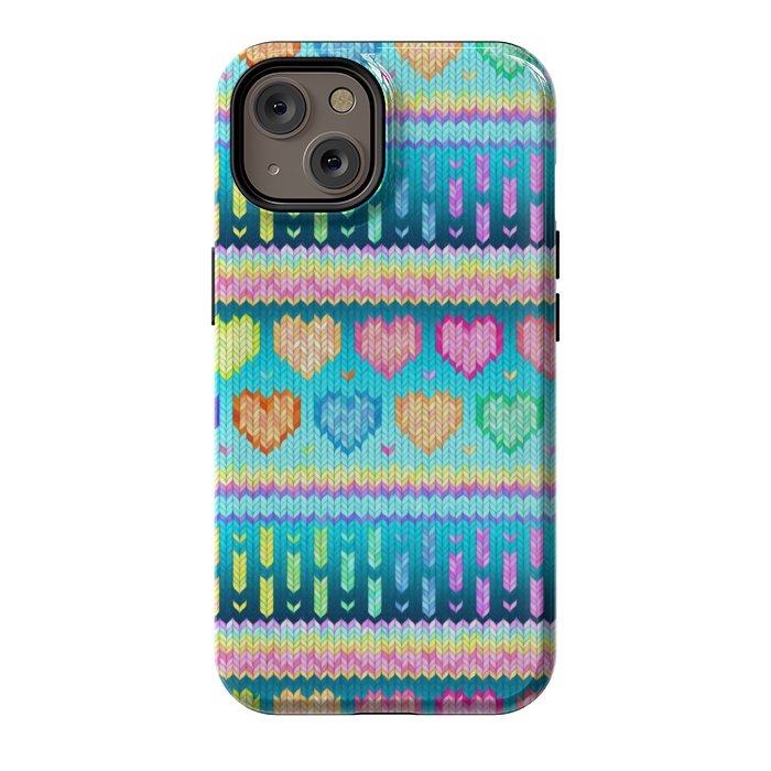 iPhone 14 StrongFit Cozy Knit with Rainbow Hearts on Teal Blue by Micklyn Le Feuvre