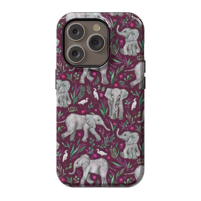 iPhone 14 Pro StrongFit Little Watercolor Elephants and Egrets on Burgundy Red by Micklyn Le Feuvre