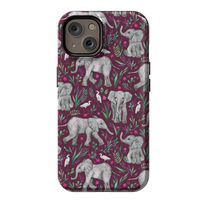 iPhone 14 StrongFit Little Watercolor Elephants and Egrets on Burgundy Red by Micklyn Le Feuvre