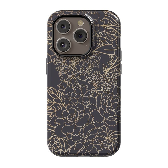 iPhone 14 Pro StrongFit Luxury winter floral golden strokes doodles design by InovArts