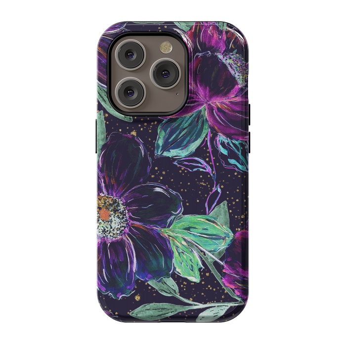 iPhone 14 Pro StrongFit Whimsical hand paint floral and golden confetti design by InovArts