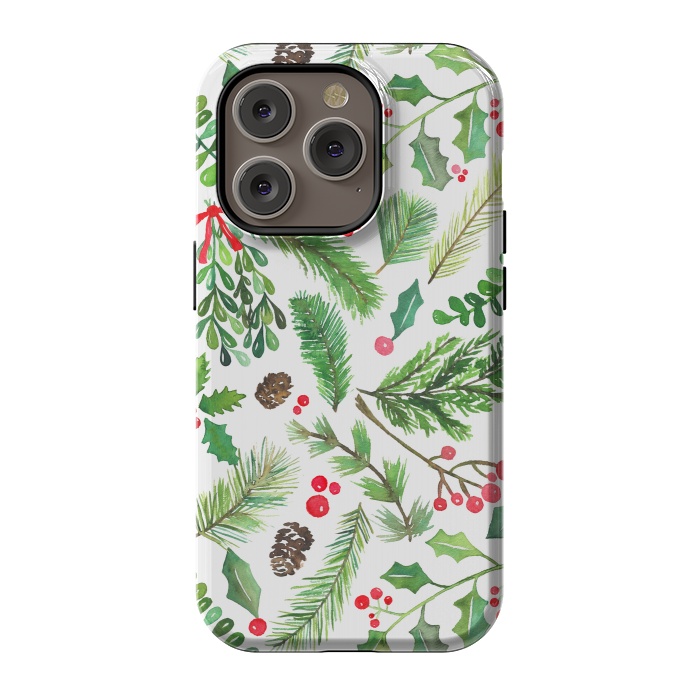 iPhone 14 Pro StrongFit Watercolor Christmas Greenery by Noonday Design