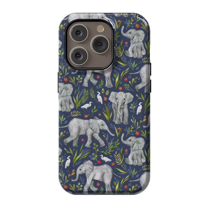 iPhone 14 Pro StrongFit Little Watercolor Elephants and Egrets on Navy Blue by Micklyn Le Feuvre