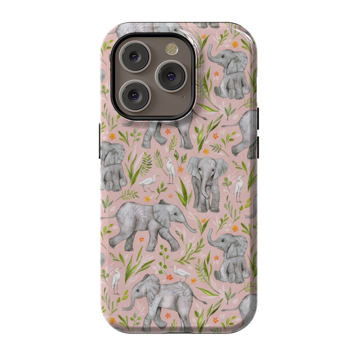iPhone 14 Pro StrongFit Little Watercolor Elephants and Egrets on Blush Pink  by Micklyn Le Feuvre