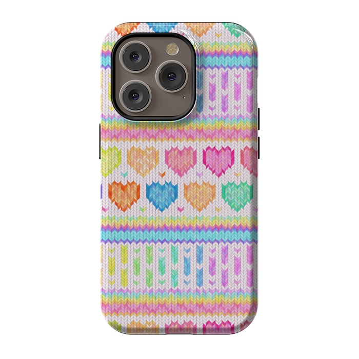 iPhone 14 Pro StrongFit Cozy Knit with Rainbow Hearts on Off White by Micklyn Le Feuvre