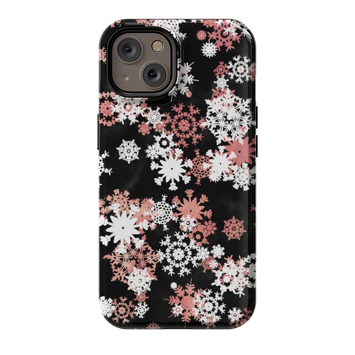 iPhone 14 StrongFit Rose gold and white snowflakes on black background by Oana 