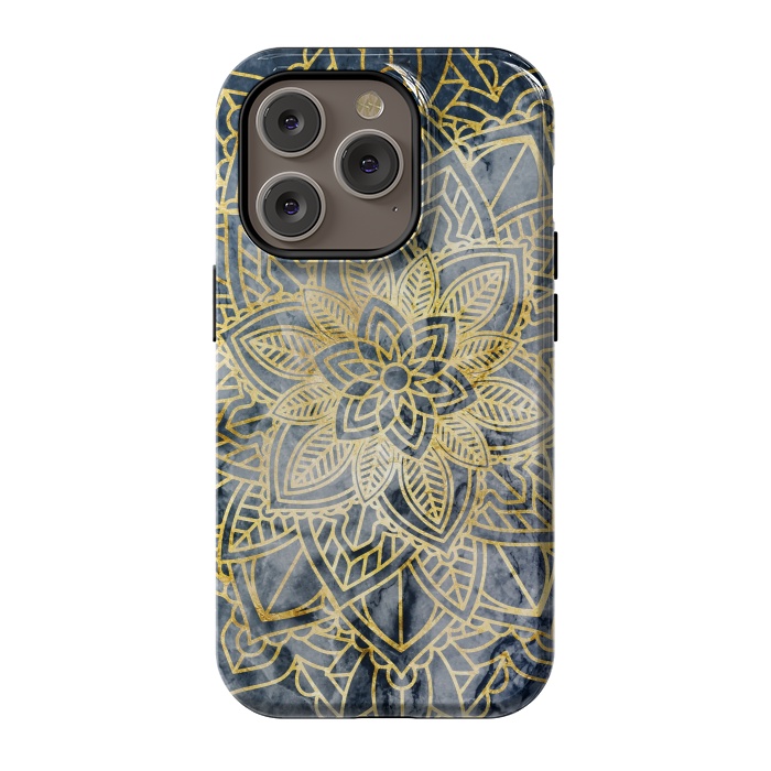 iPhone 14 Pro StrongFit Golden flower mandala on dark blue marble by Oana 