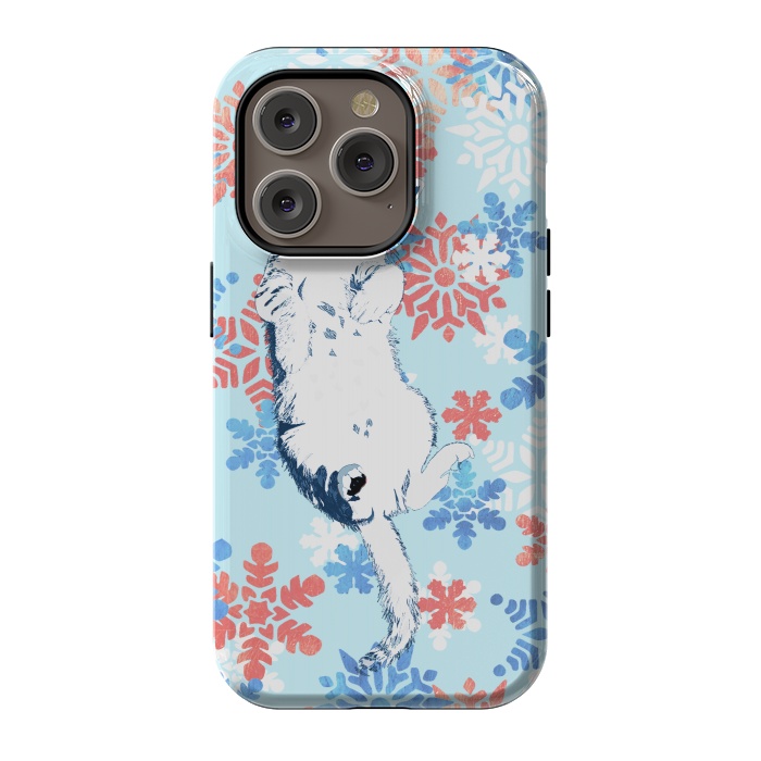 iPhone 14 Pro StrongFit White cat and blue white gold snowflakes by Oana 