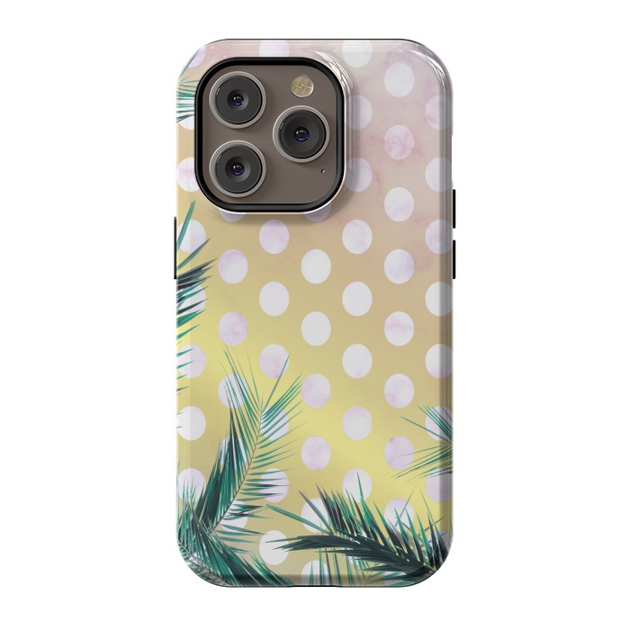 iPhone 14 Pro StrongFit tropical palm leaves on golden dotted background by Oana 