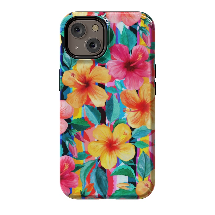 iPhone 14 StrongFit OTT Maximalist Hawaiian Hibiscus Floral with Stripes by Micklyn Le Feuvre