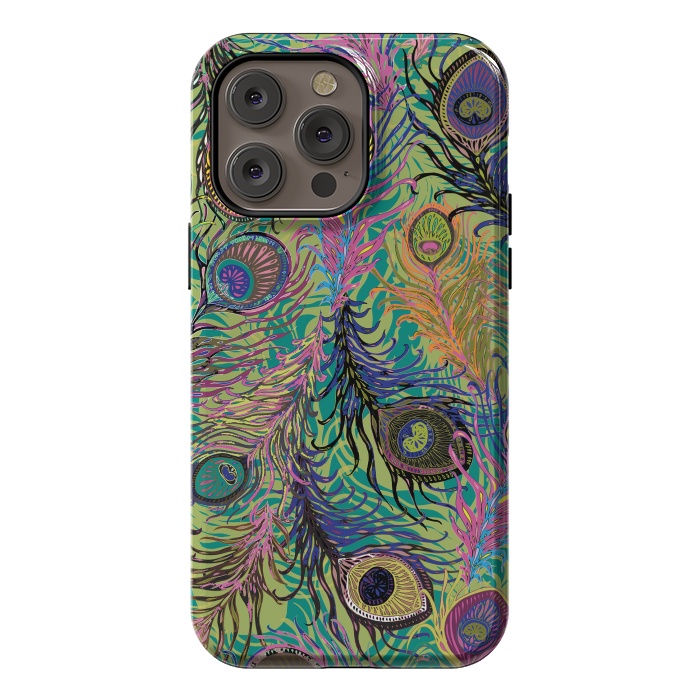 iPhone 14 Pro max StrongFit Peacock Feathers in Lime Green & Pink by Lotti Brown
