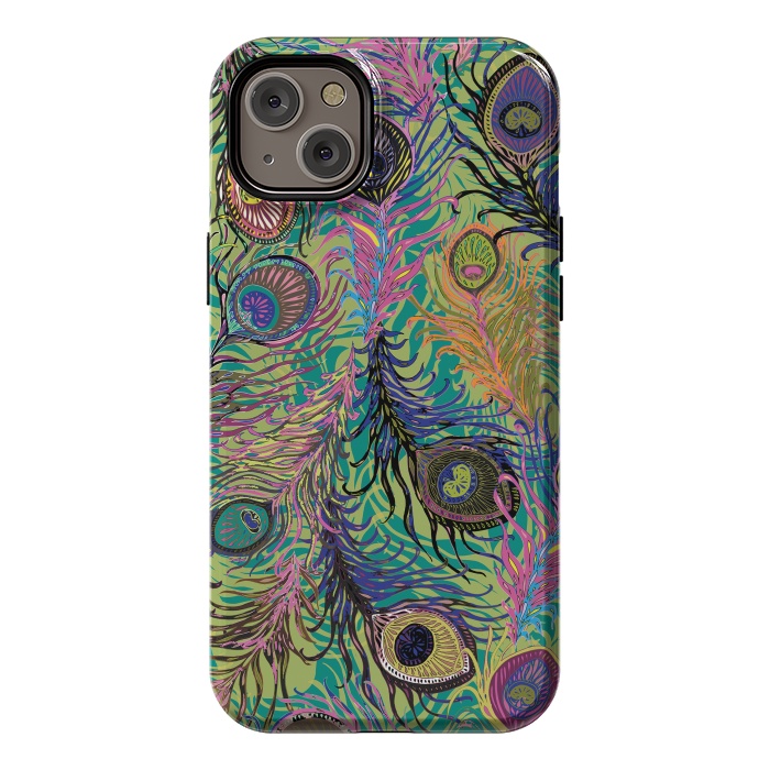 iPhone 14 Plus StrongFit Peacock Feathers in Lime Green & Pink by Lotti Brown