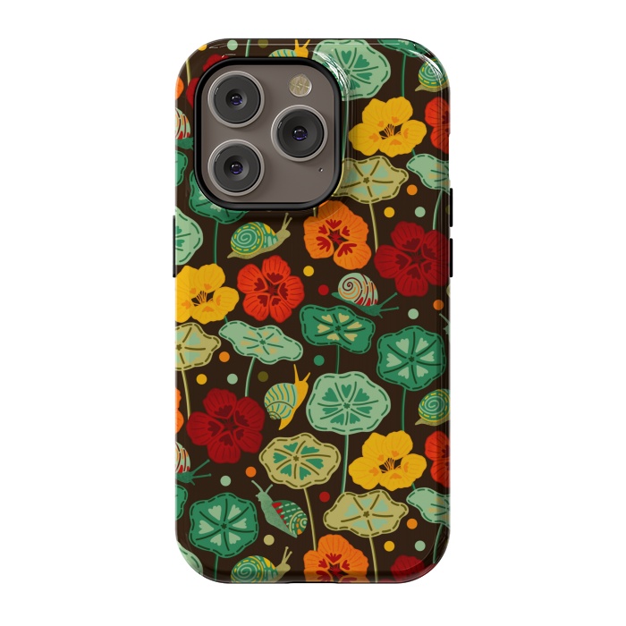 iPhone 14 Pro StrongFit Nasturtiums & Snails On Brown  by Tigatiga