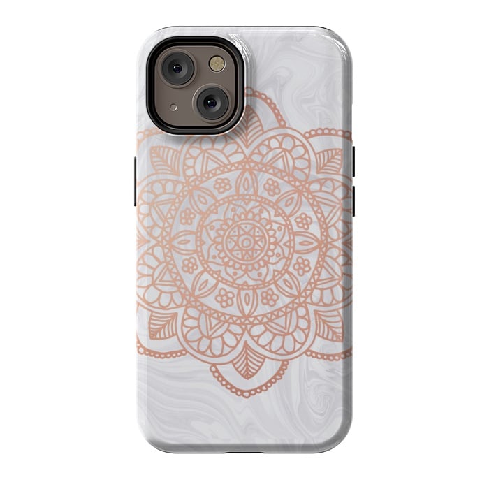 iPhone 14 StrongFit Rose Gold Mandala on White Marble by Julie Erin Designs