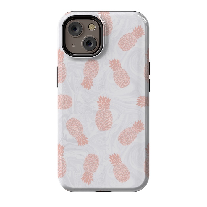 iPhone 14 StrongFit Pink Pineapples on White Marble by Julie Erin Designs
